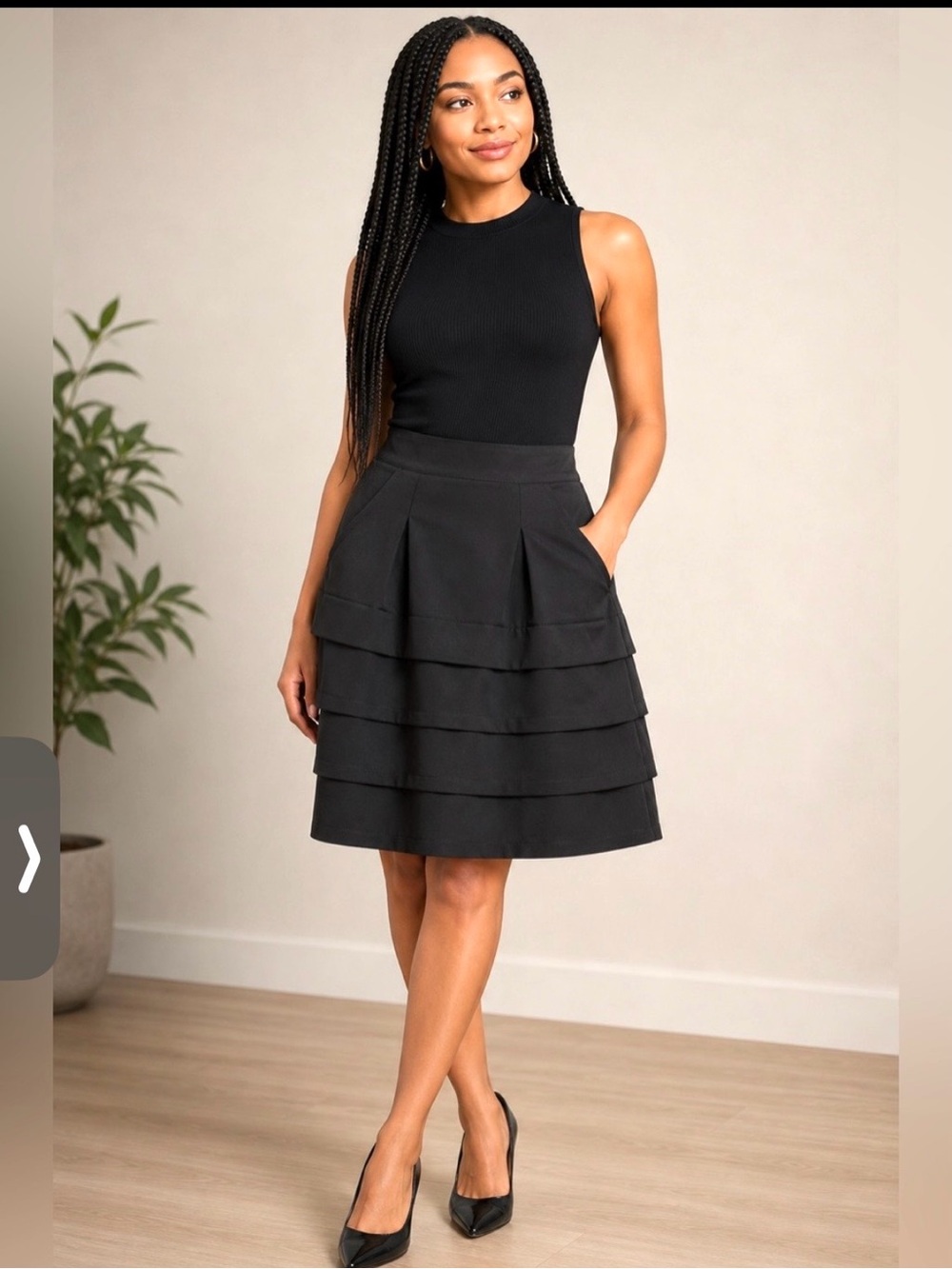 Isabel & Nina Black Tiered A-Line Skirt Side Pockets Pleated Knee Length Size 2